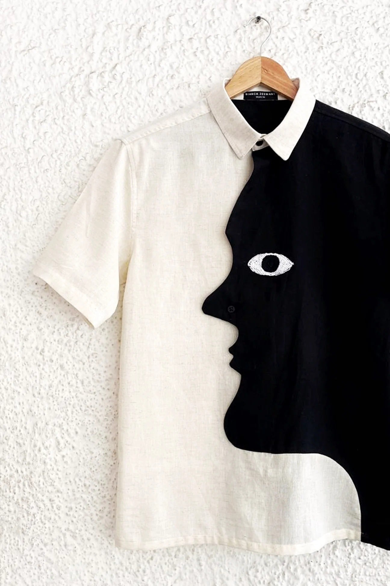 Talkcloth Premium Men's Black & Ivory Abstract Face Art Cotton Linen Half Sleeve Designer Casual Shirt with Modern Artistic Embroidered Statement Design