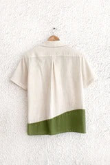 Talkcloth Premium Men's Artistic Beige & Olive Green Cotton Linen Casual Shirt with Handcrafted Landscape Embroidery Designer Half Sleeve Resort Wear Shirt
