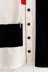 Talkcloth Premium Men's Beige Abstract Color Block Cotton Linen Full Sleeve Designer Casual Shirt with Modern Black Panel Accent