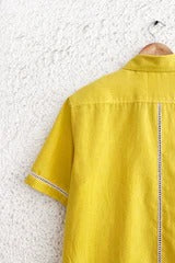 Talkcloth Premium Men's Sunshine Yellow Cotton Blend Short Sleeve Casual Shirt with Contrast Lace Panel Design