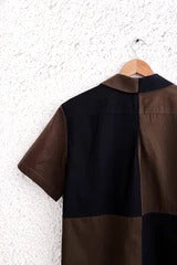 Talkcloth Premium Men's Black & Coffee Brown Color Block Cotton Blend Half Sleeve Casual Shirt with Modern Geometric Designer Panel Resort Wear