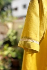 Talkcloth Premium Men's Sunshine Yellow Cotton Blend Short Sleeve Casual Shirt with Contrast Lace Panel Design