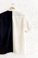 Talkcloth Premium Men's Black & Ivory Abstract Face Art Cotton Linen Half Sleeve Designer Casual Shirt with Modern Artistic Embroidered Statement Design