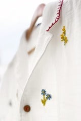 Talkcloth Premium Men's White Floral Embroidered Cotton Linen Half Sleeve Resort Casual Shirt with Handcrafted Botanical Designer Camp Collar Shirt