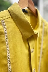 Talkcloth Premium Men's Sunshine Yellow Cotton Blend Short Sleeve Casual Shirt with Contrast Lace Panel Design
