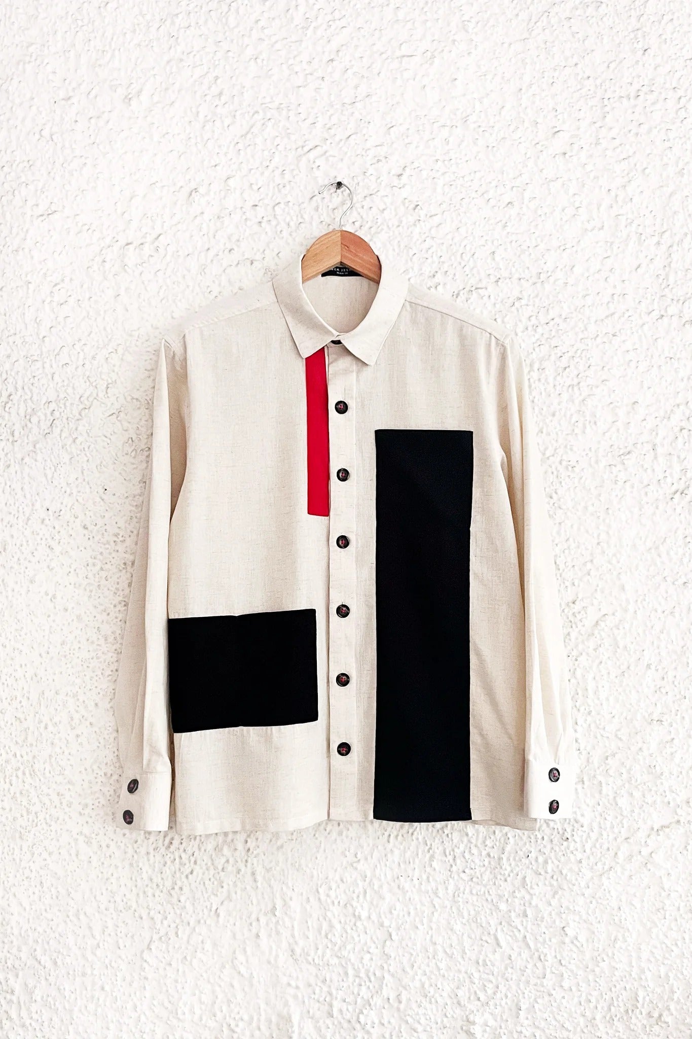 Talkcloth Premium Men's Beige Abstract Color Block Cotton Linen Full Sleeve Designer Casual Shirt with Modern Black Panel Accent