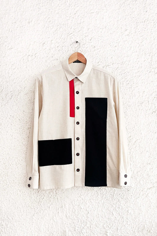 Talkcloth Premium Men's Beige Abstract Color Block Cotton Linen Full Sleeve Designer Casual Shirt with Modern Black Panel Accent