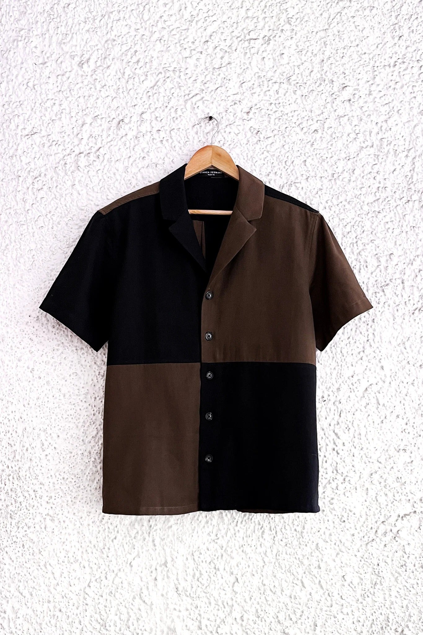 Talkcloth Premium Men's Black & Coffee Brown Color Block Cotton Blend Half Sleeve Casual Shirt with Modern Geometric Designer Panel Resort Wear