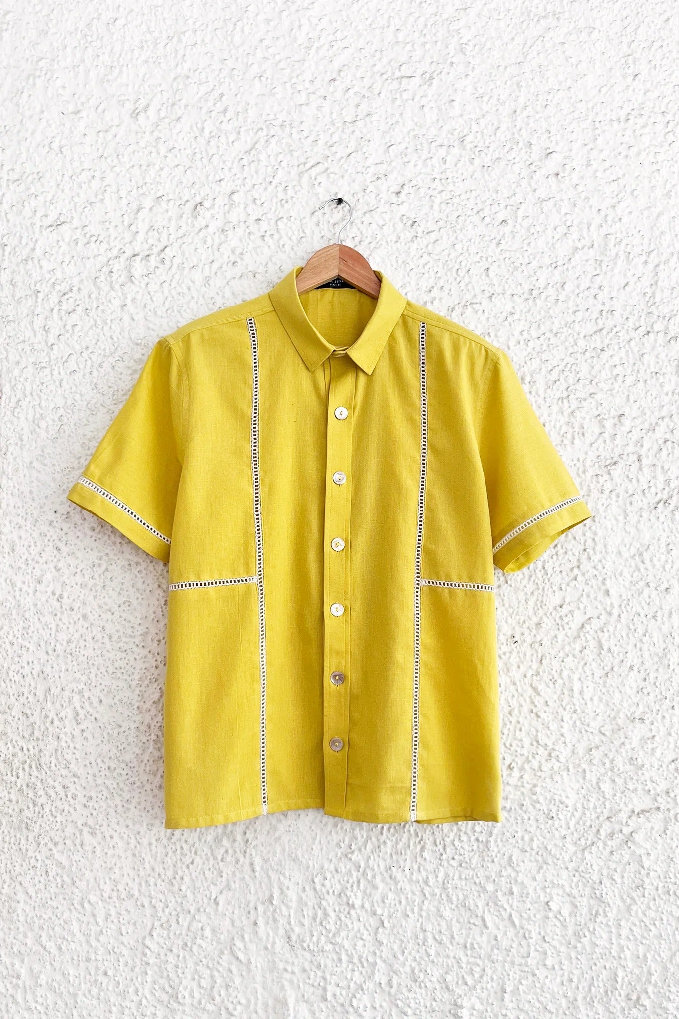 Talkcloth Premium Men's Sunshine Yellow Cotton Blend Short Sleeve Casual Shirt with Contrast Lace Panel Design