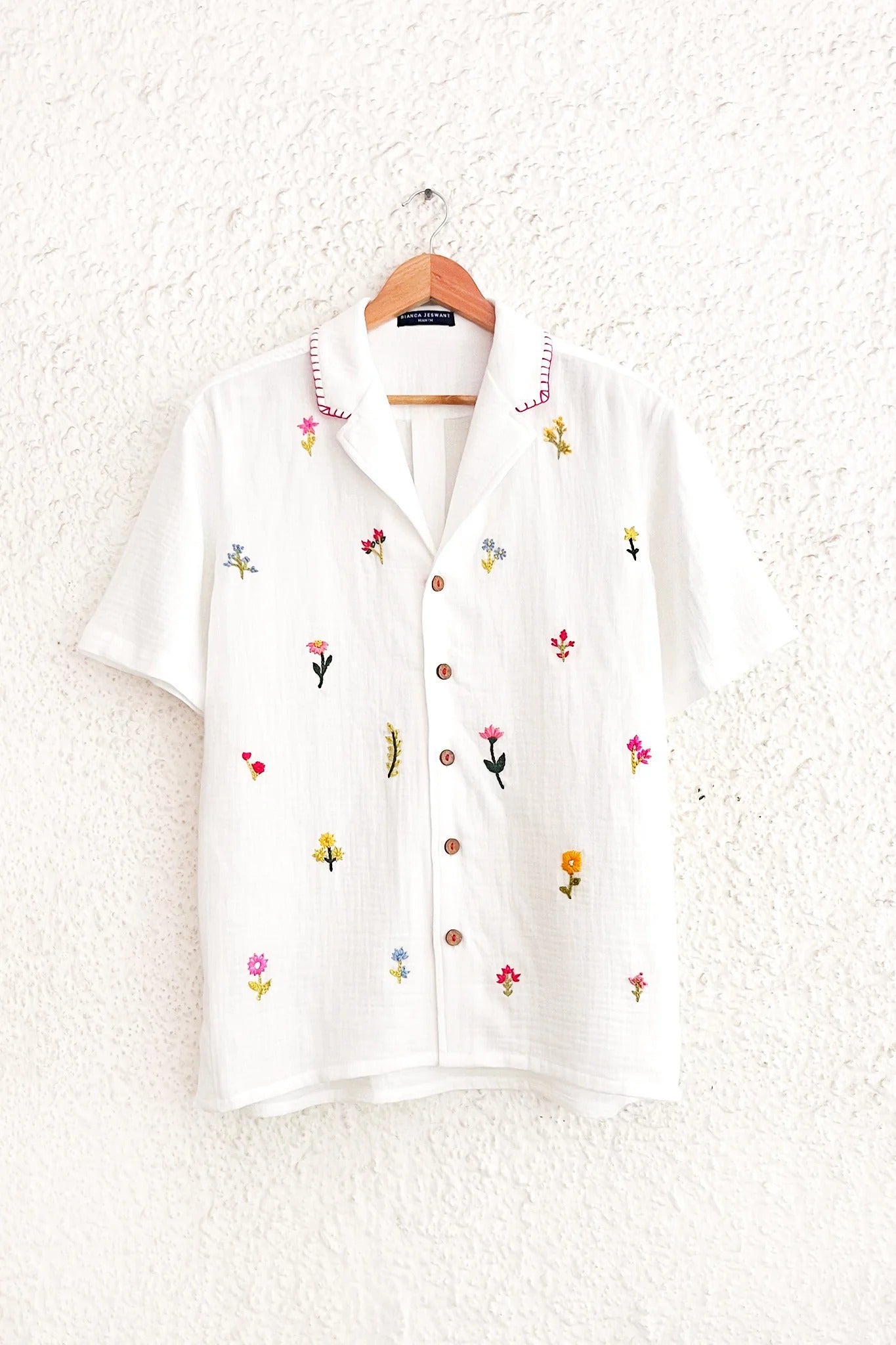 Talkcloth Premium Men's White Floral Embroidered Cotton Linen Half Sleeve Resort Casual Shirt with Handcrafted Botanical Designer Camp Collar Shirt