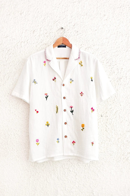 Talkcloth Premium Men's White Floral Embroidered Cotton Linen Half Sleeve Resort Casual Shirt with Handcrafted Botanical Designer Camp Collar Shirt