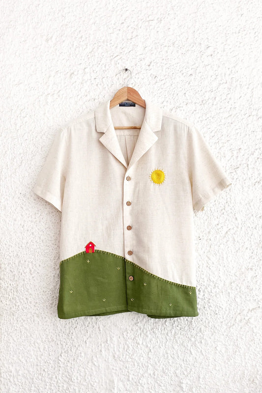 Talkcloth Premium Men's Artistic Beige & Olive Green Cotton Linen Casual Shirt with Handcrafted Landscape Embroidery Designer Half Sleeve Resort Wear Shirt