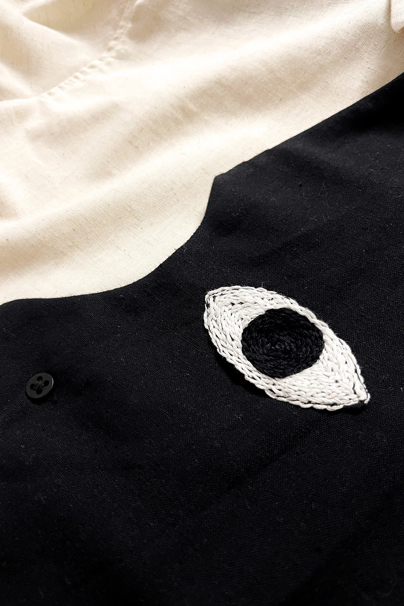 Talkcloth Premium Men's Black & Ivory Abstract Face Art Cotton Linen Half Sleeve Designer Casual Shirt with Modern Artistic Embroidered Statement Design