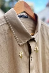Talkcloth Premium Men's Sand Beige Embroidered Cotton Linen Full Sleeve Casual Shirt with Minimal Handcrafted Motif Designer Shirt