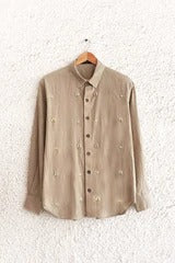 Talkcloth Premium Men's Sand Beige Embroidered Cotton Linen Full Sleeve Casual Shirt with Minimal Handcrafted Motif Designer Shirt