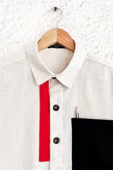 Talkcloth Premium Men's Beige Abstract Color Block Cotton Linen Full Sleeve Designer Casual Shirt with Modern Black Panel Accent