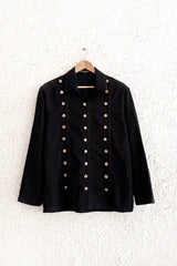 Talkcloth Premium Men's Black Military Style Double-Breasted Designer Casual Jacket Shirt with Gold Button Detail Full Sleeve Fashion Overshirt