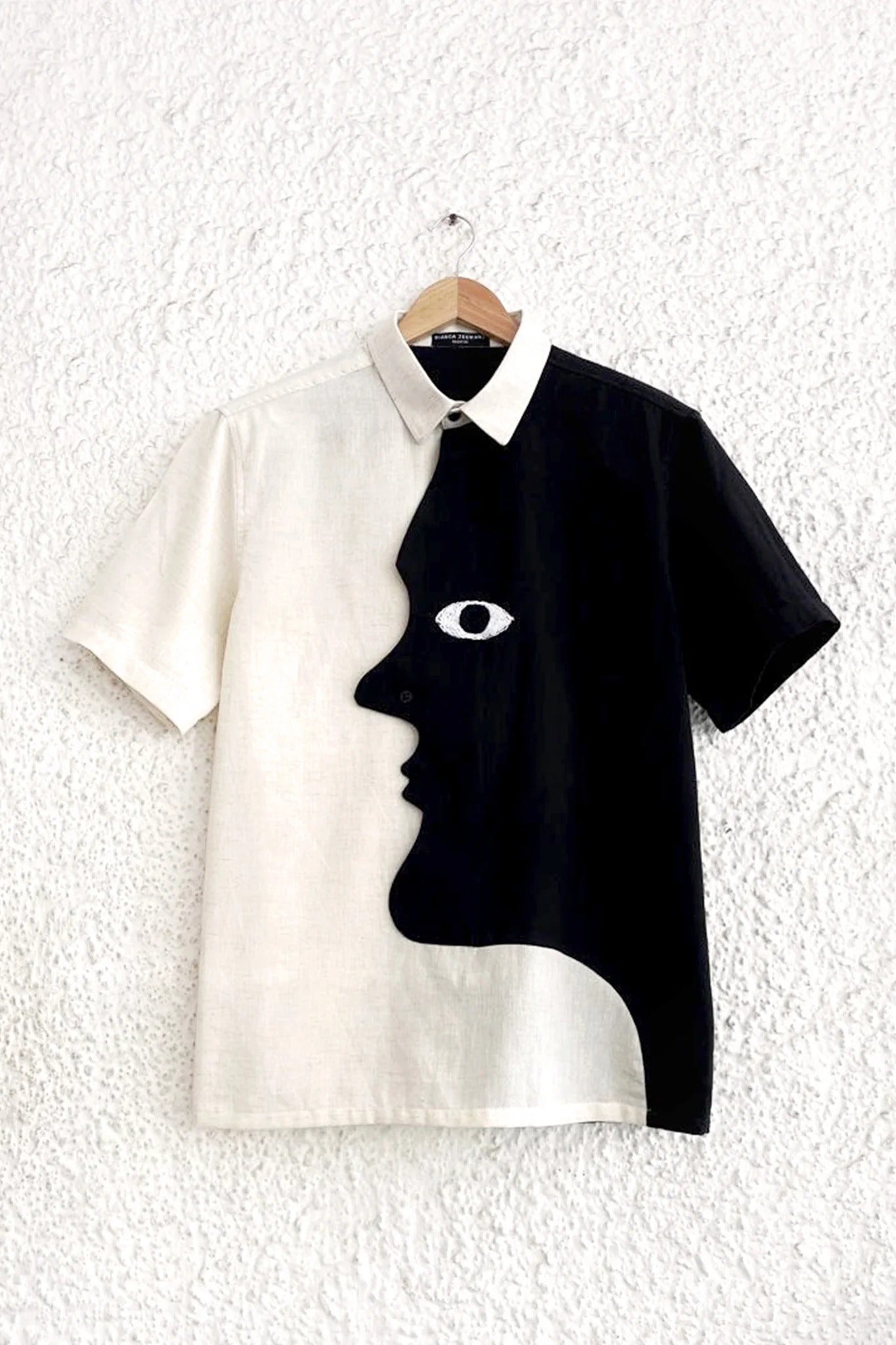 Talkcloth Premium Men's Black & Ivory Abstract Face Art Cotton Linen Half Sleeve Designer Casual Shirt with Modern Artistic Embroidered Statement Design