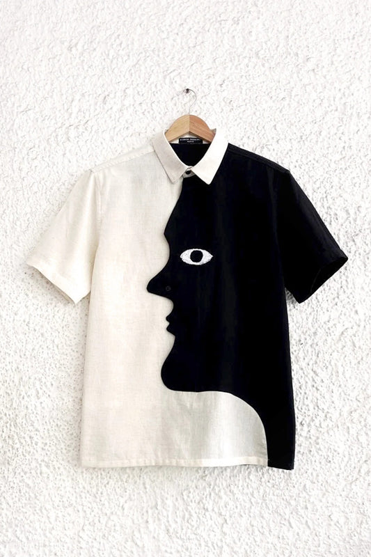 Talkcloth Premium Men's Black & Ivory Abstract Face Art Cotton Linen Half Sleeve Designer Casual Shirt with Modern Artistic Embroidered Statement Design
