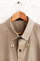 Talkcloth Premium Men's Sand Beige Embroidered Cotton Linen Full Sleeve Casual Shirt with Minimal Handcrafted Motif Designer Shirt