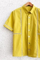 Talkcloth Premium Men's Sunshine Yellow Cotton Blend Short Sleeve Casual Shirt with Contrast Lace Panel Design