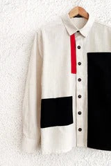 Talkcloth Premium Men's Beige Abstract Color Block Cotton Linen Full Sleeve Designer Casual Shirt with Modern Black Panel Accent