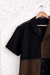 Talkcloth Premium Men's Black & Coffee Brown Color Block Cotton Blend Half Sleeve Casual Shirt with Modern Geometric Designer Panel Resort Wear