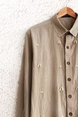 Talkcloth Premium Men's Sand Beige Embroidered Cotton Linen Full Sleeve Casual Shirt with Minimal Handcrafted Motif Designer Shirt