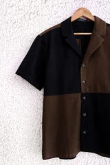 Talkcloth Premium Men's Black & Coffee Brown Color Block Cotton Blend Half Sleeve Casual Shirt with Modern Geometric Designer Panel Resort Wear