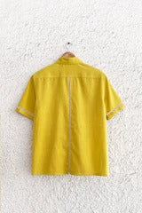 Talkcloth Premium Men's Sunshine Yellow Cotton Blend Short Sleeve Casual Shirt with Contrast Lace Panel Design