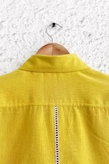 Talkcloth Premium Men's Sunshine Yellow Cotton Blend Short Sleeve Casual Shirt with Contrast Lace Panel Design