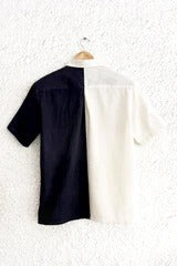 Talkcloth Premium Men's Black & Ivory Abstract Face Art Cotton Linen Half Sleeve Designer Casual Shirt with Modern Artistic Embroidered Statement Design